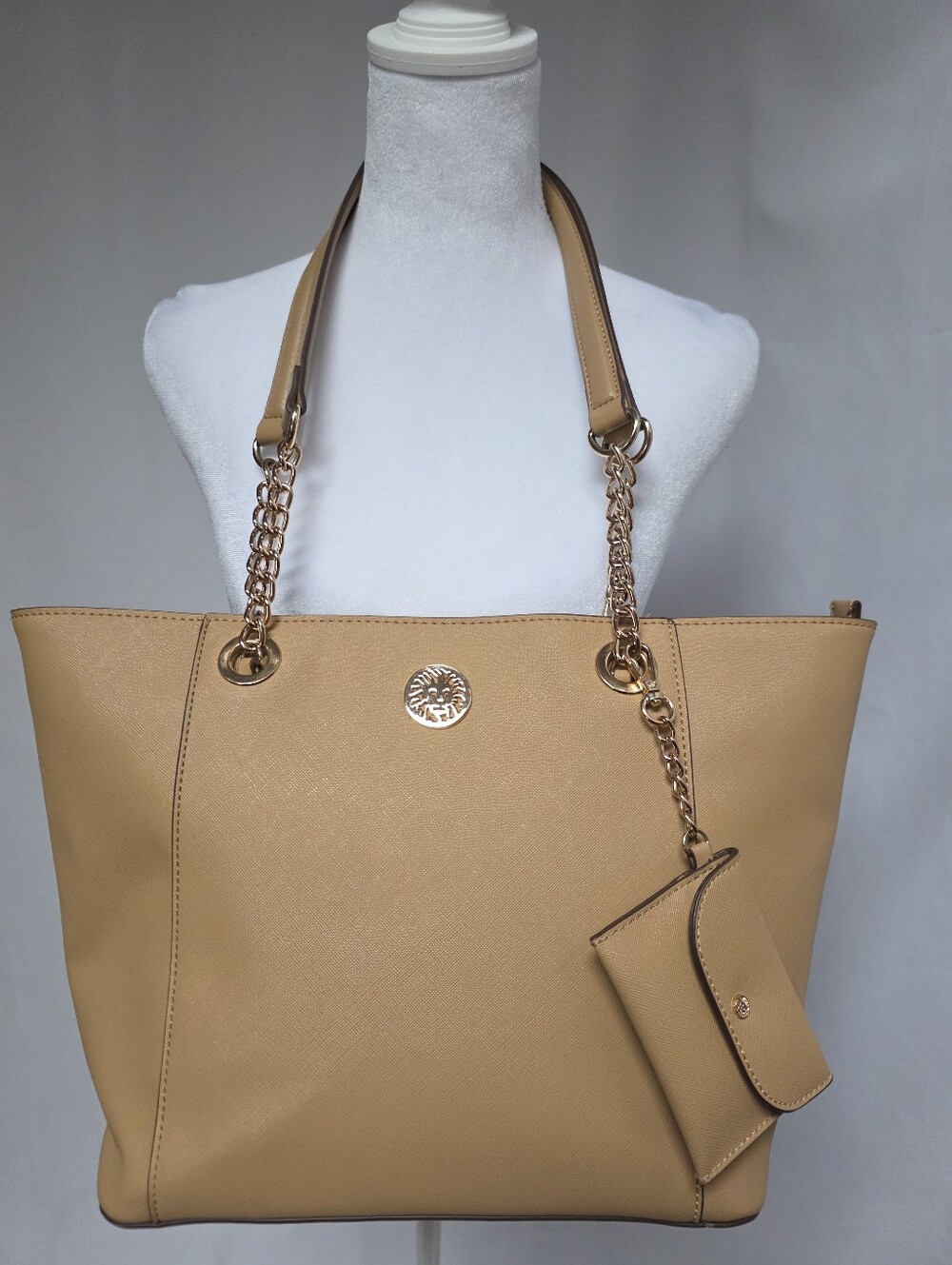 Anne Klein Beige Tote Bag Gold Chain Strap Matching Card Wallet